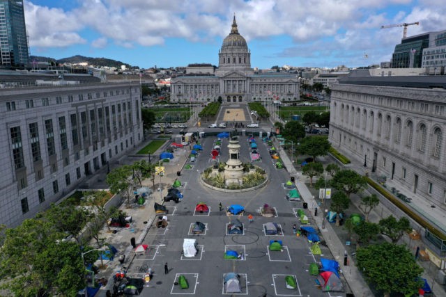 SAN FRANCISCO, CALIFORNIA - MAY 18: An aerial view of San Francisco's first temporary sanctioned tent encampment for the homeless on May 18, 2020 in San Francisco, California. After public outrage mounted over a surge of homeless people and tents filling the streets of San Francisco during the coronavirus (COVID-19) …