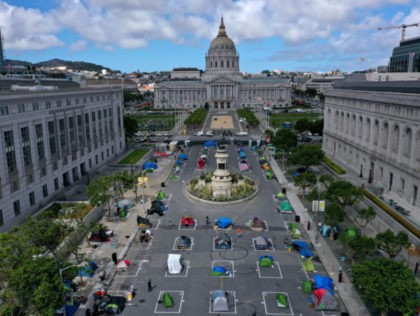 SAN FRANCISCO, CALIFORNIA - MAY 18: An aerial view of San Francisco's first temporary sanctioned tent encampment for the homeless on May 18, 2020 in San Francisco, California. After public outrage mounted over a surge of homeless people and tents filling the streets of San Francisco during the coronavirus (COVID-19) …