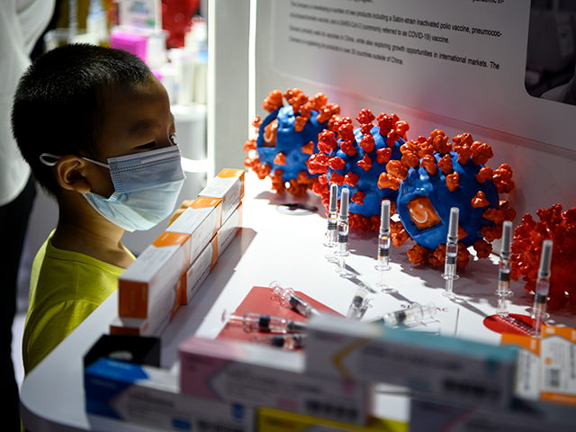 A boy looks at Sinovac Biotech LTD's vaccine candidate for COVID-19 coronavirus on display at the China International Fair for Trade in Services (CIFTIS) in Beijing on September 6, 2020. (Photo by NOEL CELIS / AFP) (Photo by NOEL CELIS/AFP via Getty Images)