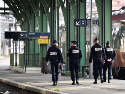 "Police Aux Frontières" (PAF) officers patrol on a platform at Cerbere cross-border train station, southwestern France, on November 13, 2020. (Photo by RAYMOND ROIG / AFP) (Photo by RAYMOND ROIG/AFP via Getty Images)