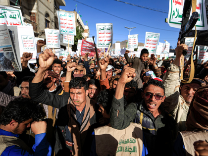 Supporters of Yemen's Huthi rebels attend a rally denouncing the United States and the out