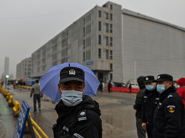 A guard control the access to the Baishazhou market as members of the World Health Organization (WHO) team, investigating the origins of the Covid-19 coronavirus, arrive at the market in Wuhan, China's central Hubei province on January 31, 2021. (Photo by Hector RETAMAL / AFP) (Photo by HECTOR RETAMAL/AFP via …
