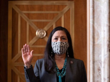 WASHINGTON, DC - FEBRUARY 23: Congresswoman Deb Haaland, (D-N.M.), is sworn in during the Senate Committee on Energy and Natural Resources hearing on her nomination to be Interior Secretary on Capitol Hill on February 23, 2021 in Washington, DC. If confirmed, Haaland would become the first Native American Cabinet secretary …