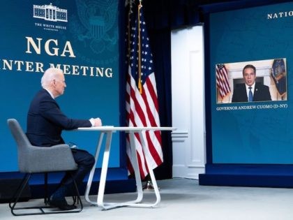 US President Joe Biden speaks with New York Governor Andrew Cuomo (R) during a virtual Nat