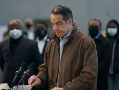 NEW YORK, NEW YORK - MARCH 08: New York Gov. Andrew Cuomo speaks at a vaccination site at