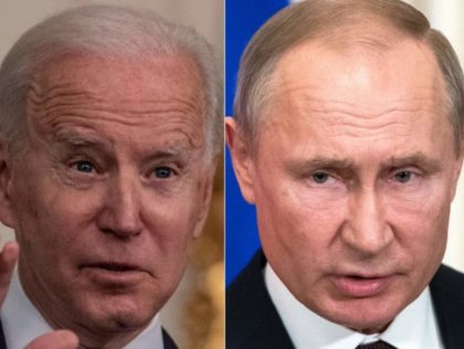 COMBO) This combination of pictures created on March 17, 2021 shows US President Joe Biden(L) during remarks on the implementation of the American Rescue Plan in the State Dining room of the White House in Washington, DC on March 15, 2021, and Russian President Vladimir Putin as he and his …