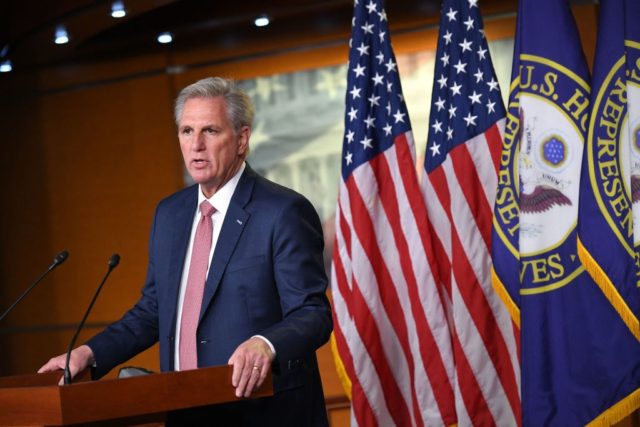 US House Minority Leader, Kevin McCarthy, Republican of California, speaks during his weekly press briefing on Capitol Hill in Washington, DC, on March 18, 2021. (Photo by Mandel NGAN / AFP) (Photo by MANDEL NGAN/AFP via Getty Images)
