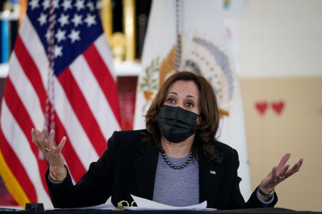 NEW HAVEN, CT - MARCH 26: U.S. Vice President Kamala Harris takes questions from reporters