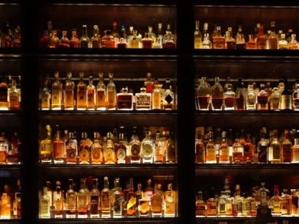 Stylish wall full of spirit bottles in a bar