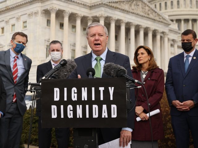 WASHINGTON, DC - MARCH 17: Sen. Lindsey Graham (R-SC) speaks during a news conference about immigration outside the U.S. Capitol on March 17, 2021 in Washington, DC. Graham joined GOP members of the House to announce a plan to overhaul the immigration system, which would include giving citizenship to Dreamers, …