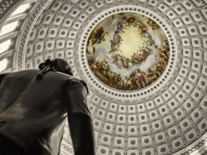 Close up view of the intricate detail of the U.S. Capitol Rotunda ceiling and silhouette of George Washington.