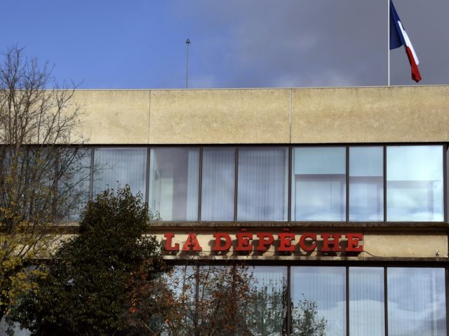 Picture taken on December 9, 2015 in the French southwestern city of Toulouse shows the facade of the French regional newpaper "La Depeche du Midi" headquarters. (Photo by PASCAL PAVANI / AFP) (Photo by PASCAL PAVANI/AFP via Getty Images)