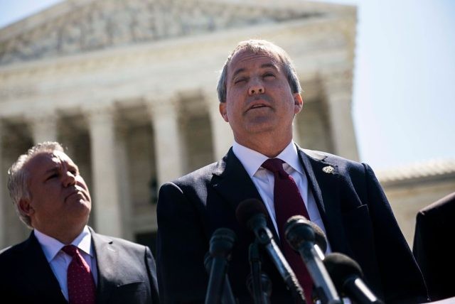 WASHINGTON, DC - JUNE 9: Texas Attorney General Ken Paxton speaks to reporters at a news conference outside the Supreme Court on Capitol Hill on June 9, 2016 in Washington, D.C. Paxton announced a lawsuit against the state of Delaware over unclaimed checks. (Photo by Gabriella Demczuk/Getty Images)