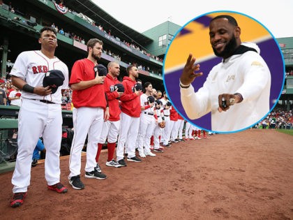 (INSEET: LeBron James0 BOSTON, MA - OCTOBER 09: The Boston Red Sox stand for the national anthem before game four of the American League Division Series between the Houston Astros and the Boston Red Sox at Fenway Park on October 9, 2017 in Boston, Massachusetts. (Photo by Maddie Meyer/Getty Images)