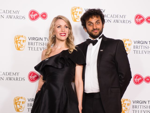 LONDON, ENGLAND - MAY 13: (L-R) Rachel Parris and Nish Kumar pose in the press room at th