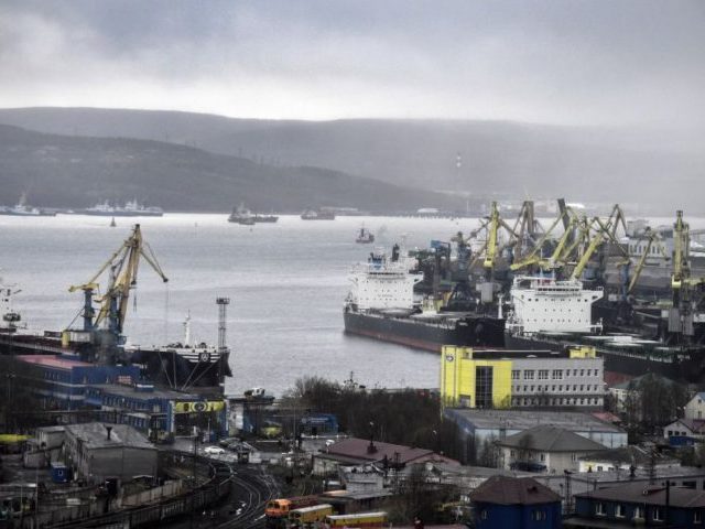 A general view taken on May 18, 2018 shows the Russian northern port city of Murmansk. - Akademik Lomonosov, the world's, so far, only nuclear floating power unit (FPU), has arrived at the roadstead of the port of Murmansk where it is waiting to enter the port area on May …
