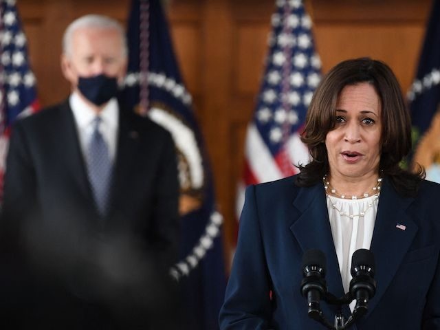 US Vice President Kamala Harris speaks as US President Joe Biden looks on during a listening session with Georgia Asian American and Pacific Islander community leaders at Emory University in Atlanta, Georgia on March 19, 2021. (Eric Baradata/AFP via Getty Images)