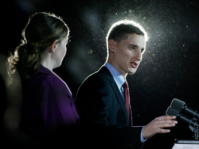 With his wife Ilana at his side, U.S. Senate candidate Josh Mandel gives his concession speech on election night in Columbus, Ohio. November 6, 2012. He was defeated by Democratic Sen. Sherrod Brown. (AP Photo/Mike Munden)