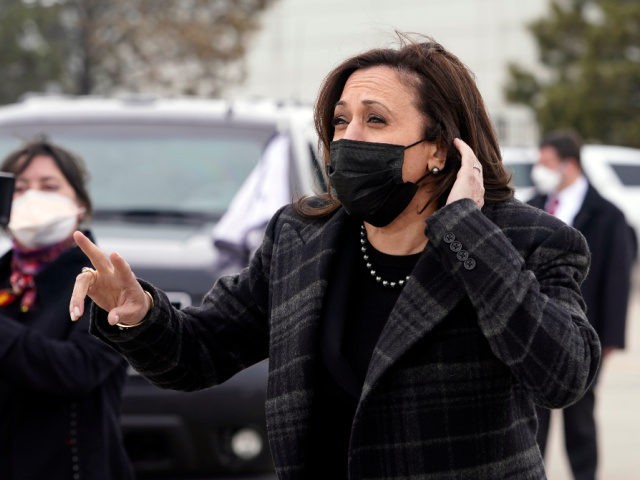 Vice President Kamala Harris listens to a question from the press before she boards Air Force Two in Denver, Tuesday March 16, 2021, to return to Washington. (AP Photo/Jacquelyn Martin)