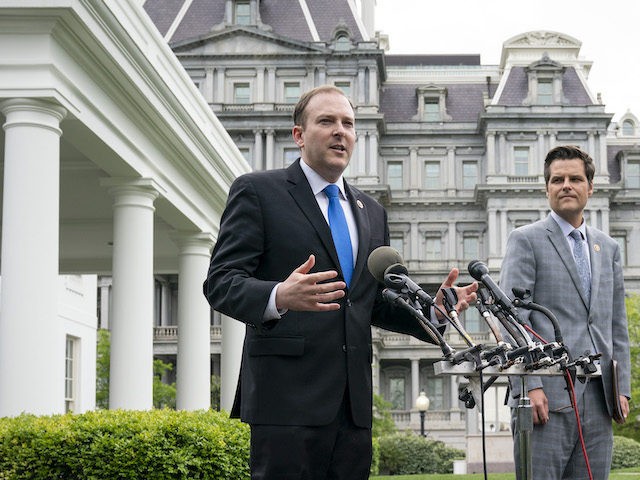 Rep. Lee Zeldin (R-NY) and Rep. Matt Gaetz (R-FL) speak to reporters outside the West Wing
