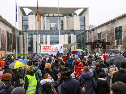BERLIN, GERMANY - JANUARY 23: Some 2500 supporters of Russian opposition politician Alexei Navalny march in protest to demand his release from prison in Moscow on January 23, 2021 in Berlin, Germany. The protesters marched from the federal chancellery through the Russian embassy to Brandenburg Gate in part also heeding …