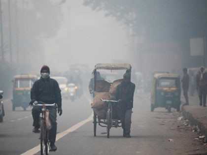 A man pulls his loaded rickshaw along a street amid heavy smog conditions in New Delhi on