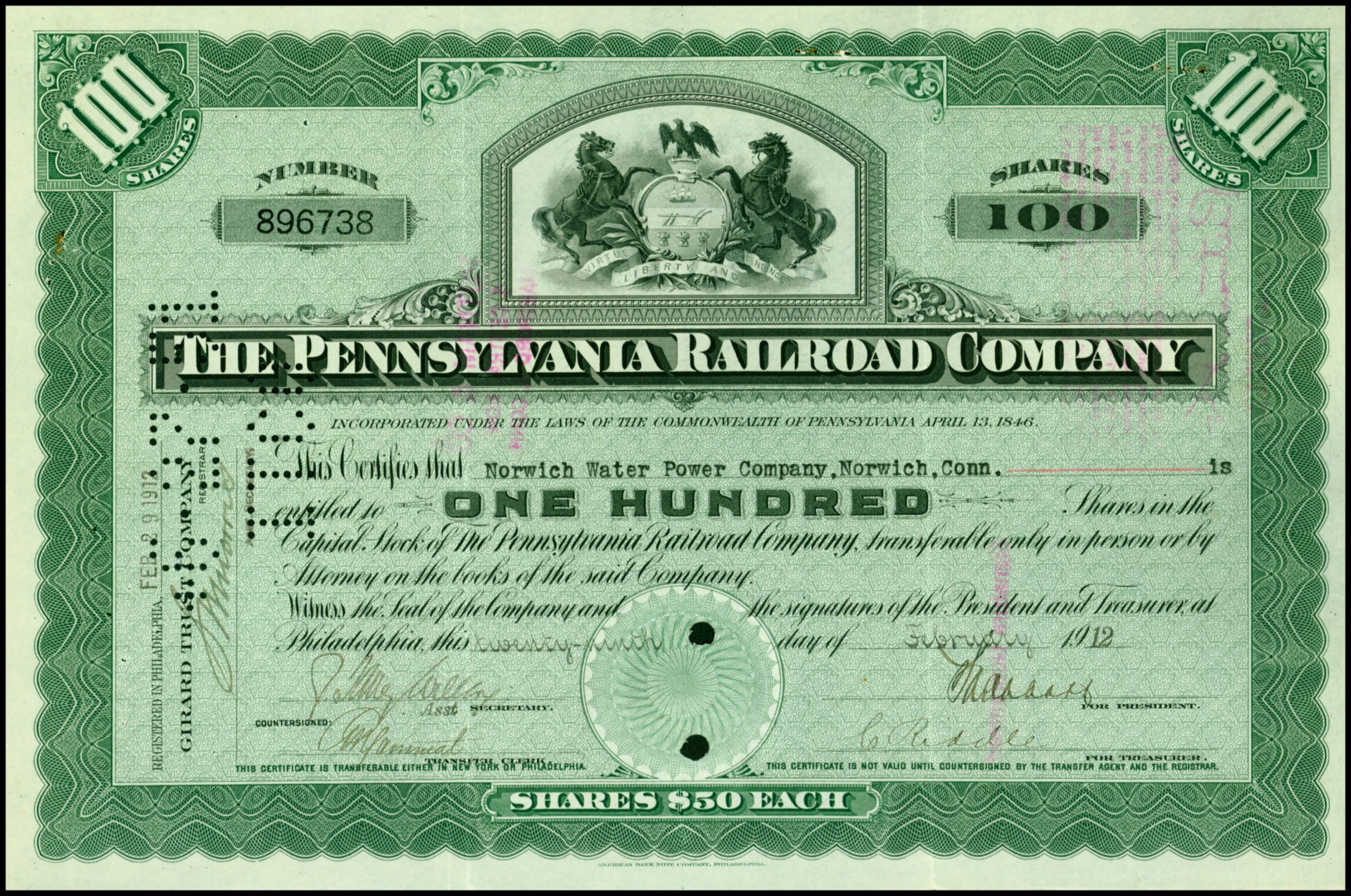 Share of the Pennsylvania Railroad Company, issued February 29, 1912. (Wikimedia Commons)