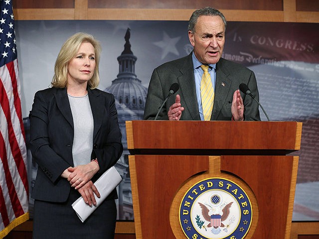 WASHINGTON, DC - JANUARY 04: U.S. Sen. Charles Schumer (D-NY) (R) and Sen. Kirsten Gillibrand (D-NY) (L) speak to the media during a news conference January 4, 2013 on Capitol Hill in Washington, DC. Schumer and Gillibrand spoke on the passing of a small portion of the superstorm Sandy relief …