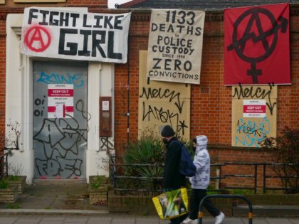 Antifa occupies an abandoned police station on Cavendish Road in Clapham in London, March