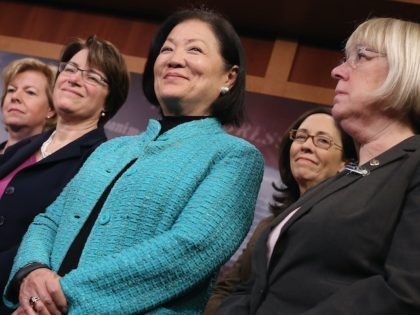 WASHINGTON, DC - JANUARY 30: (L-R) U.S. Sen. Tammy Baldwin (D-WI), U.S. Sen. Amy Klobuchar (D-MN), U.S. Sen. Mazie Hirono (D-HI), U.S. Sen. Maria Cantwell (D-WA) and U.S. Sen. Patty Murray (D-WA) join other women Democratic senators for a news conference to announce their support for raising the minimum wage …