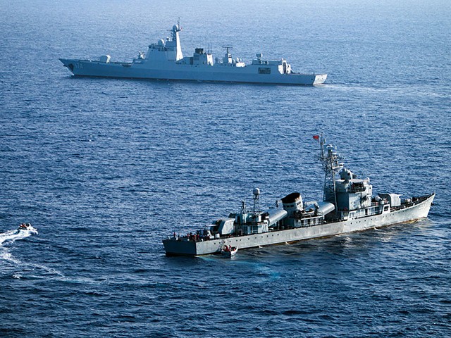 This photo taken on May 5, 2016 shows crew members of China's South Sea Fleet taking part in a drill in the Xisha Islands, or the Paracel Islands in the South China Sea. Beijing claims sovereignty over almost the whole of the South China Sea, on the basis of a segmented line that first appeared on Chinese maps in the 1940s, pitting it against several neighbours. / AFP / STR / China OUT / TO GO WITH AFP STORY CHINA-POLITICS-MARITIME-DIPLOMACY BY BEN DOOLEY (Photo credit should read STR/AFP via Getty Images)