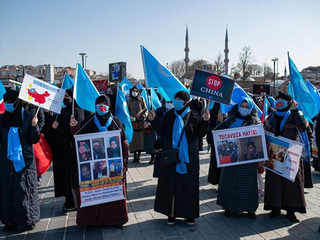 Members of the Muslim Uighur minority hold placards as they demonstrate to ask for news of their relatives and to express their concern about the ratification of an extradition treaty between China and Turkey at Uskudar square in Istanbul on February 26, 2021. - Chinese parliament ratified on December 26, …