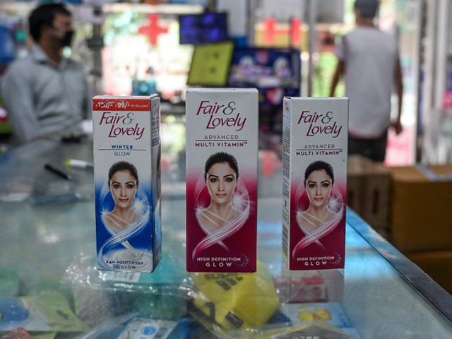 This photo taken on July 8, 2020 shows packages of Unilever "Fair and Lovely" skin-lighten