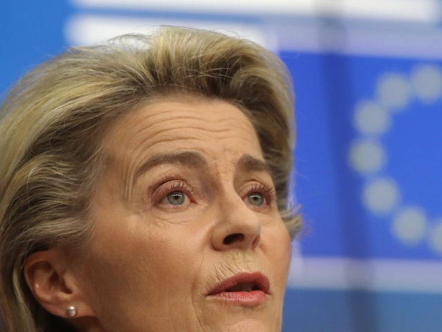European Commission President Ursula von der Leyen speaks during a press conference with a