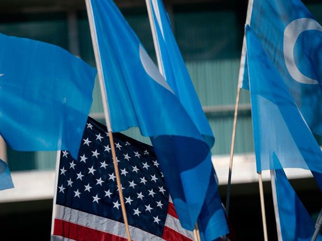 Uyghurs of the East Turkistan National Awakening Movement (ETNAM) hold a rally outside the US State Department calling on US President Joe Biden to increase pressure on the Chinese Communist Party, on February 5, 2021 in Washington, DC. (Photo by Alex Edelman / AFP) (Photo by ALEX EDELMAN/AFP via Getty …