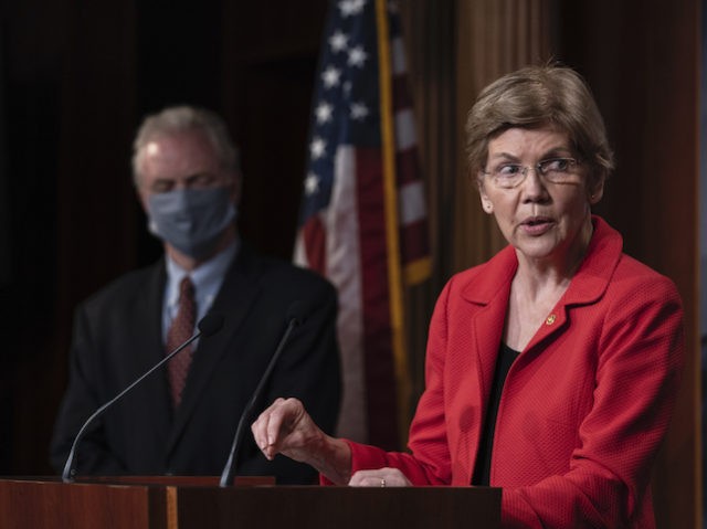Sen. Elizabeth Warren (D-MA) speaks during a news conference concerning the extension of eviction protections in the next coronavirus bill, at the U.S. Capitol on July 22, 2020 in Washington, DC. (Drew Angerer/Getty Images)