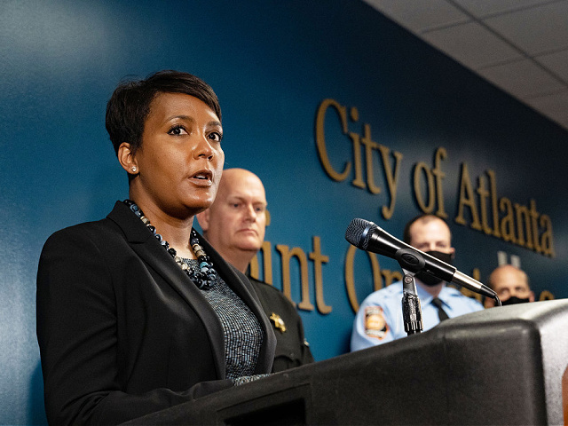 ATLANTA, GA - MARCH 17: Mayor Keisha Lance Bottoms speaks at a press conference on March 17, 2021 in Atlanta, Georgia. Suspect Robert Aaron Long, 21, was arrested after a series of shootings at three Atlanta-area spas left eight people dead on Tuesday night, including six Asian women. (Photo by Megan Varner/Getty Images)