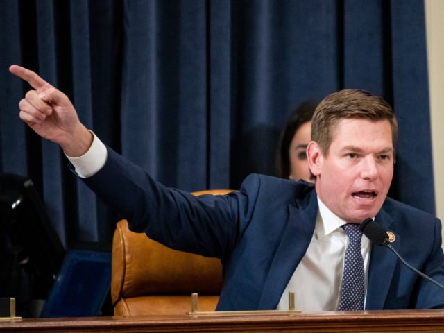 WASHINGTON, DC - NOVEMBER 20: U.S. Rep. Eric Swalwell (D-CA) questions Gordon Sondland, the U.S ambassador to the European Union, during a hearing before the House Intelligence Committee in the Longworth House Office Building on Capitol Hill November 20, 2019 in Washington, DC. The committee heard testimony during the fourth …