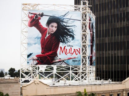 HOLLYWOOD, CALIFORNIA - MARCH 13: An outdoor ad for Disney's "Mulan" is see