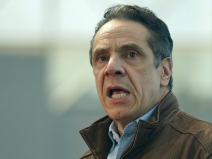 New York Governor Andrew Cuomo speaks to people at a vaccination site on March 8, 2021, in
