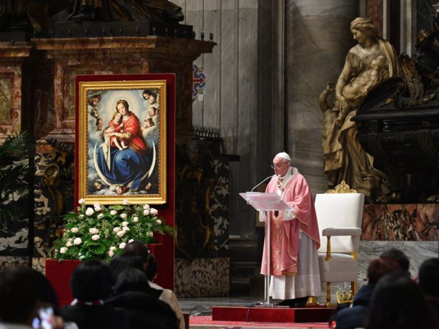 Pope Francis holds a mass to mark 500 years of Christianity in the Philippines, on March 14, 2021 at St. Peter's Basilica in The Vatican. (Photo by Tiziana FABI / POOL / AFP) (Photo by TIZIANA FABI/POOL/AFP via Getty Images)