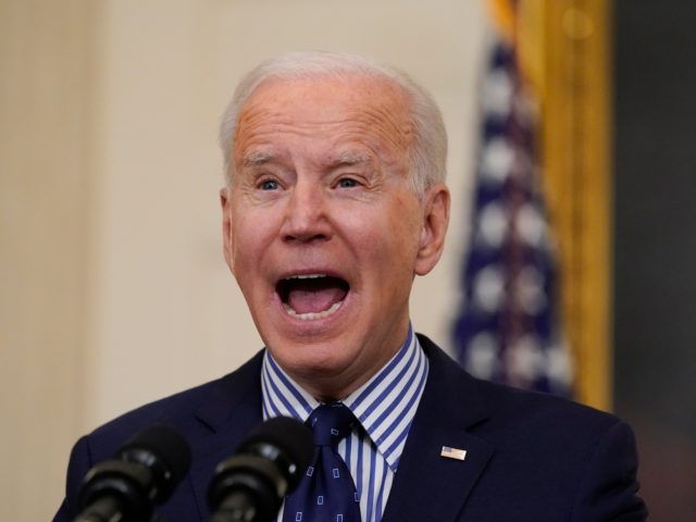 President Joe Biden speaks in the State Dining Room of the White House, Saturday, March 6,