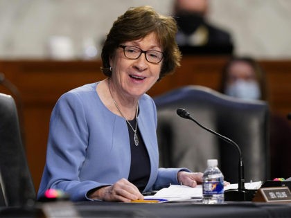 WASHINGTON, DC - MARCH 18: Sen. Susan Collins (R-ME) speaks during a Senate Health, Education, Labor and Pensions Committee hearing on the federal coronavirus response on Capitol Hill on March 18, 2021 in Washington, DC. (Photo by Susan Walsh-Pool/Getty Images)