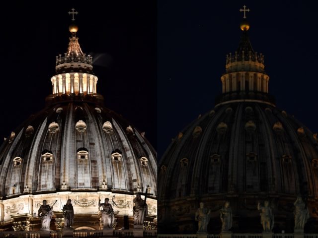 (COMBO) This combination of pictures created on March 30, 2019 shows the dome of St. Peter's basilica before (L) and after (R) being plunged into darkness for the Earth Hour environmental campaign in the Vatican on March 30, 2019. - The 13th edition of Earth Hour, organised by the green …