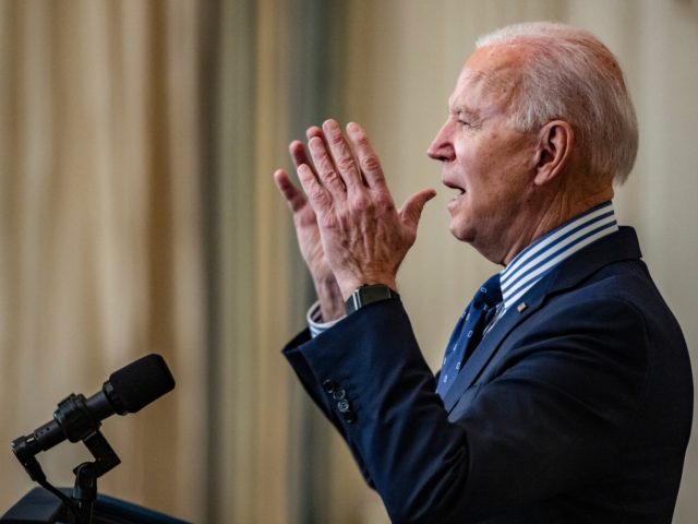 WASHINGTON, DC - MARCH 06: President Joe Biden speaks from the State Dining Room following