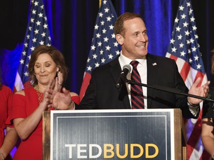 CORRECTS DATE TO NOV. 6, INSTEAD OF NOV. 5 - U.S. Rep. Ted Budd, R-N.C., speaks to supporters in Bermuda Run, N.C., on Tuesday, Nov. 6, 2018, after defeating Kathy Manning in North Carolina's 13th Congressional District race. (AP Photo/Woody Marshall)