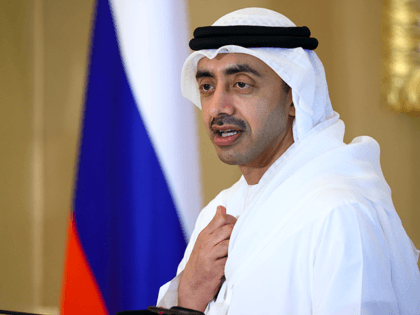 In this photo released by Russian Foreign Ministry Press Service, UAE's Foreign Affairs Minister Sheikh Abdullah bin Zayed bin Sultan Al Nahyan gestures during a joint news conference with Russian Foreign Minister Sergey Lavrov in Abu Dhabi, United Arab Emirates, Tuesday, March 9, 2021. (Russian Foreign Ministry Press Service via …