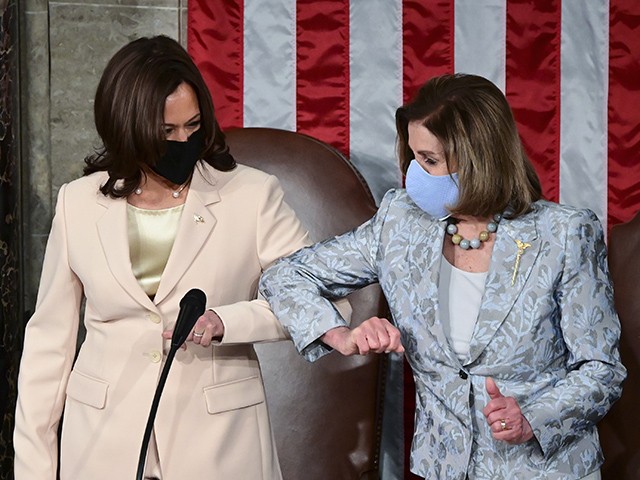 Vice President Kamala Harris, left, greets House Speaker Nancy Pelosi of Calif., ahead of President Joe Biden addressing a joint session of Congress, Wednesday, April 28, 2021, in the House Chamber at the U.S. Capitol in Washington. (Jim Watson/Pool via AP)