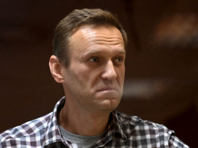 Russian opposition leader Alexei Navalny stands inside a glass cell during a court hearing