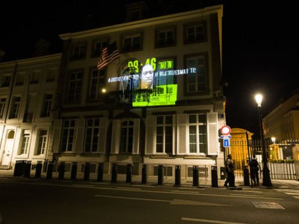 Illustration picture shows a protest action of Amnesty International, at the back facade of the embassy of the United States of America in Brussels, Monday 29 June 2020. The protest consists of the projection of the face of George Floyd, an innocent black man killed by excessive police violence in …